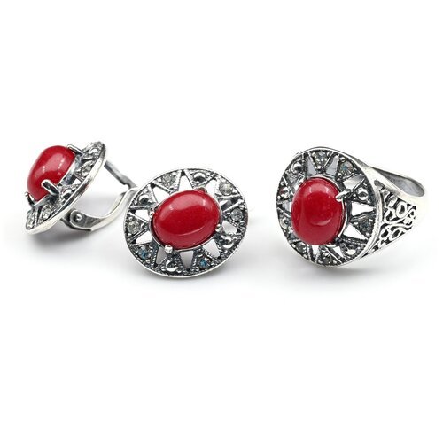 Комплект бижутерии: серьги, кольцо, корунд, размер кольца 18, красный