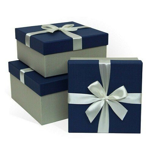 Коробка подарочная с бантом тиснение Рогожка, 230x190x130 мм, синий-серый