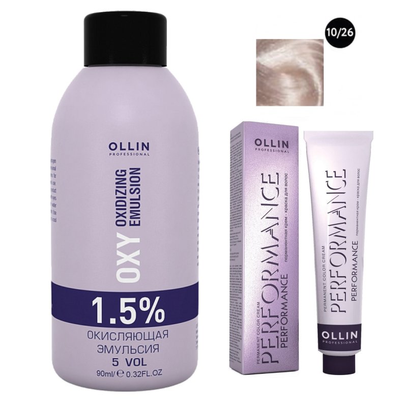Ollin Professional Набор 'Перманентная крем-краска для волос Ollin Color оттенок 10/26 светлый блондин розовый 60 мл + Окисляющая эмульсия Oxy 1,5% 90 мл' (Ollin Professional, Performance)