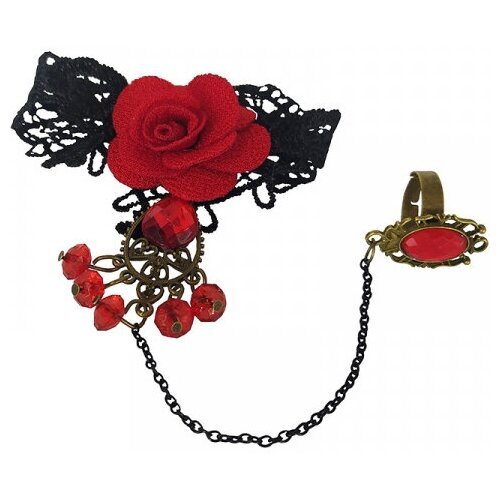 Браслет с кольцом винтажный готический 'Перчатка Красная Роза' цветок, 1 шт. (Набор 5 шт.)