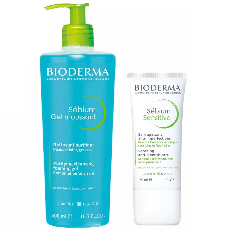 Bioderma Набор для ежедневного ухода для жирной кожи: гель, 500 мл + крем, 30 мл (Bioderma, Sebium)