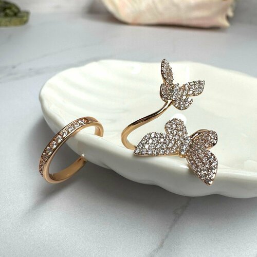 Набор колец XUPING JEWELRY Сет колец: Кольцо с бабочками + кольцо на фалангу (позолота), циркон, безразмерное, золотой