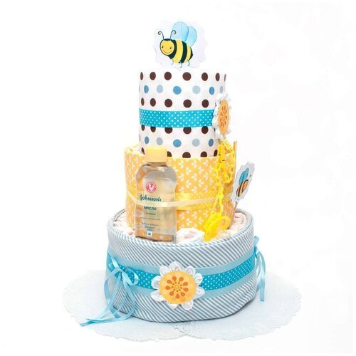 Большой торт из памперсов, пеленок и аксессуаров для девочки и мальчика 'Пчелка' в подарок на встречу из роддома, трехъярусный
