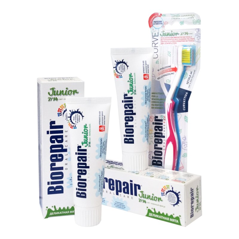Biorepair Набор Junior: Детская зубная паста для детей 6-12 лет Biorepair Junior Mint, 75 мл х 2 шт. + Детская зубная щетка для детей 7-14 лет Biorepair CURVE Junior (Biorepair, Детская гамма)