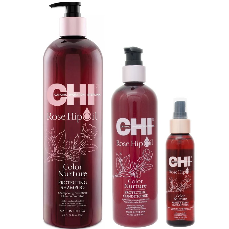 Chi Набор для окрашенных волос: шампунь 739 мл + кондиционер 340 мл + тоник 118 мл (Chi, Rose Hip Oil)