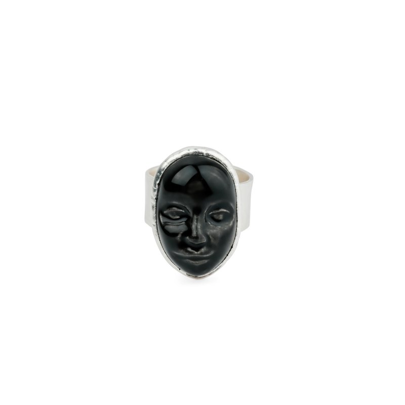 Poison Drop Lab Малое кольцо с серебряным покрытием с кабошоном из черного фарфора в форме лица