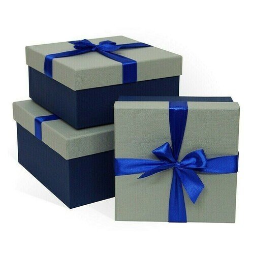 Коробка подарочная с бантом тиснение Рогожка, 230x190x130 мм, серый-синий