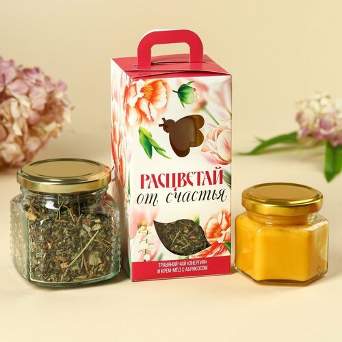 Набор «Расцветай от счастья»: чай травяной 25 г, крем-мёд с абрикосом 120 г.