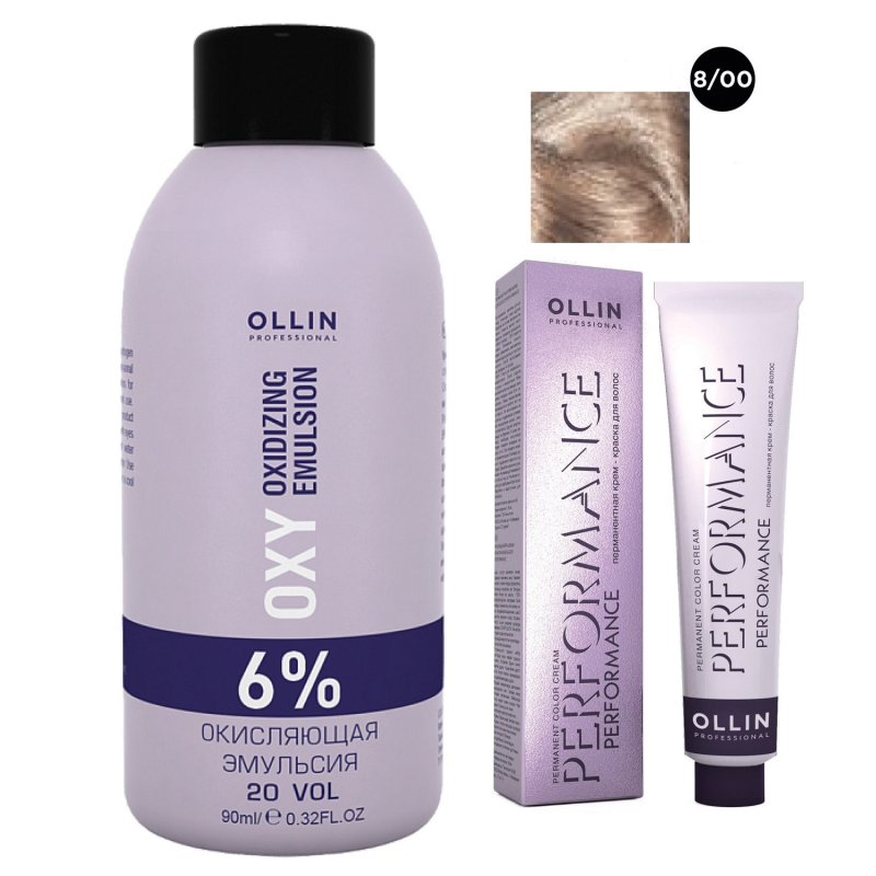Ollin Professional Набор 'Перманентная крем-краска для волос Ollin Performance оттенок 8/00 светло-русый глубокий 60 мл + Окисляющая эмульсия Oxy 6% 90 мл' (Ollin Professional, Performance)