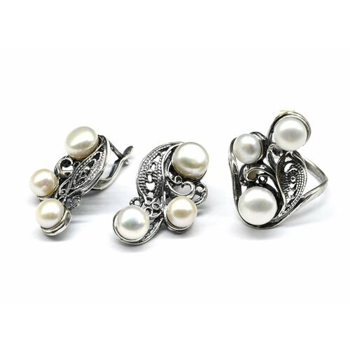 Комплект бижутерии Радуга Камня: серьги, кольцо, жемчуг пресноводный, размер кольца 17, белый