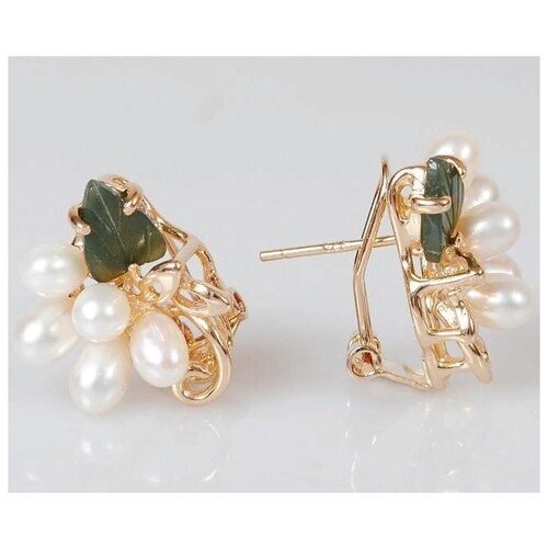 Серьги Lotus Jewelry, жемчуг пресноводный культивированный, нефрит, белый, зеленый