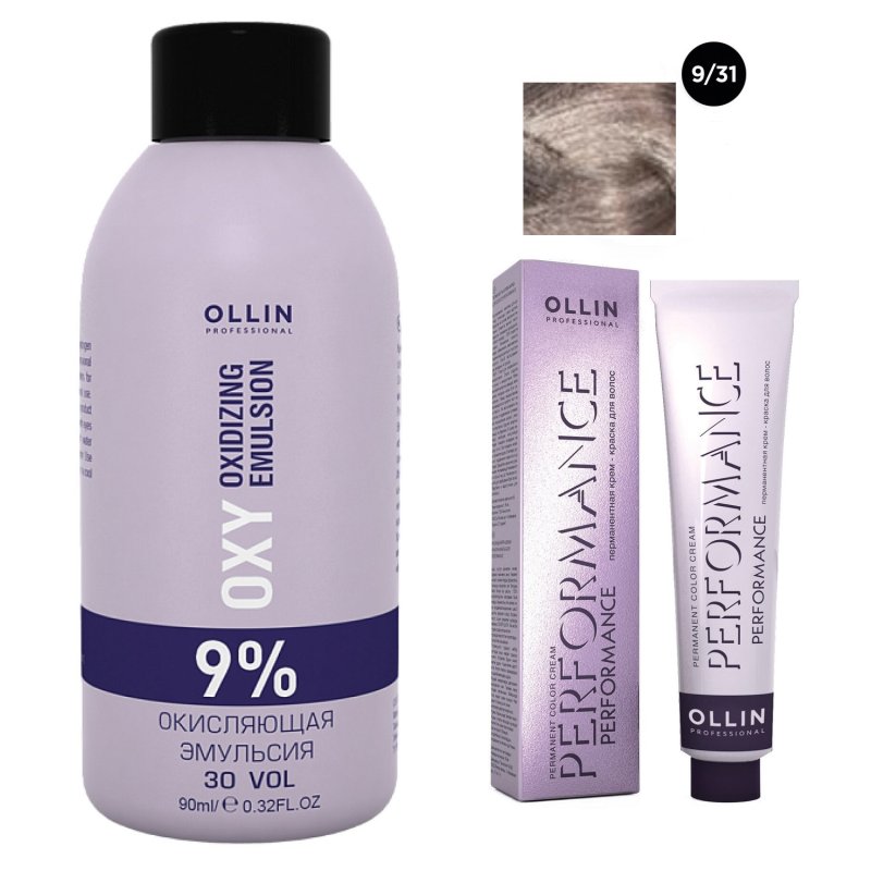 Ollin Professional Набор 'Перманентная крем-краска для волос Ollin Performance оттенок 9/31 блондин золотисто-пепельный 60 мл + Окисляющая эмульсия Oxy 9% 90 мл' (Ollin Professional, Performance)