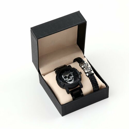 Мужской подарочный набор 'Череп' 2 в 1: наручные часы, браслет 10068393