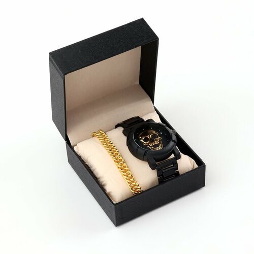 Мужской подарочный набор 'Череп' 2 в 1: наручные часы, браслет 10068392