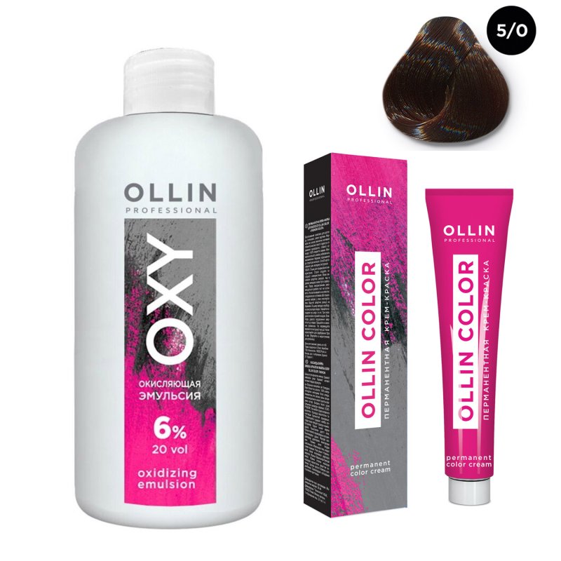 Ollin Professional Набор 'Перманентная крем-краска для волос Ollin Color оттенок 5/0 светлый шатен 100 мл + Окисляющая эмульсия Oxy 6% 150 мл' (Ollin Professional, Ollin Color)