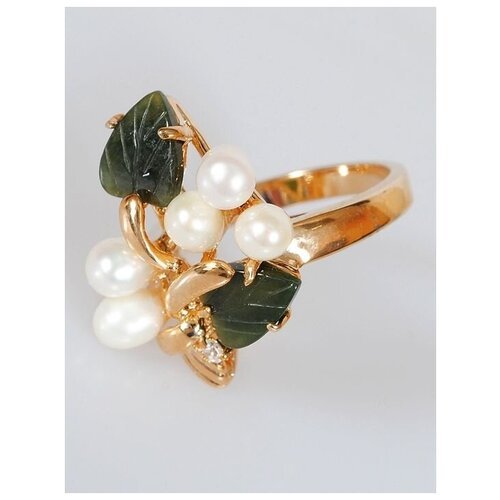 Кольцо помолвочное Lotus Jewelry, нефрит, жемчуг культивированный, размер 16, белый, зеленый