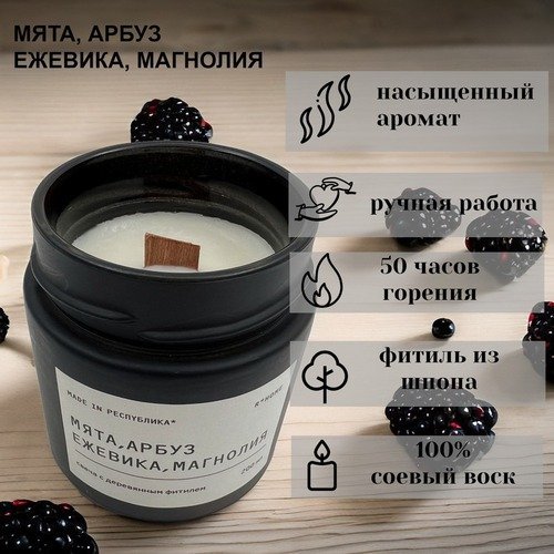 Свеча в банке made in РЕСПYБЛИКА* Black Мята, арбуз, ежевика, магнолия, 200 г