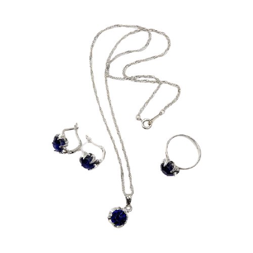 Комплект бижутерии Queen Fair Гарнитур 3 предмета: серьги, кулон, кольцо безразмерное 'Эдель' цветы, цвет синий в серебре, 50см, акрил, пластик, размер кольца: безразмерное, размер колье/цепочки 50 см, серебряный, синий