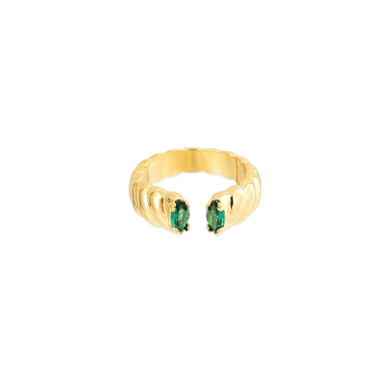 Herald Percy Золотистое витое кольцо с зеленными кристаллами огранки маркиз