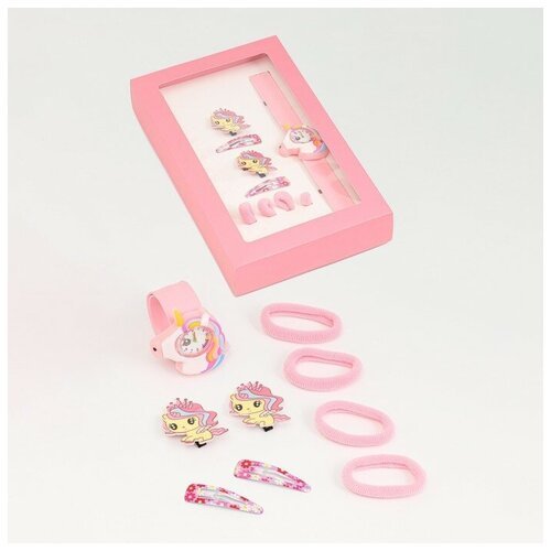 Детский подарочный набор для девочек 'Пони' 9 в 1: наручные часы, 4 резинки, 2 зажима, 2 невидимки 7