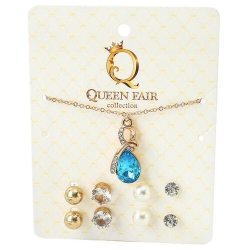 Комплект бижутерии Queen Fair Гарнитур 5 предметов: 4 пары пуссет, кулон 'Капелька', цвет бело-голубой в золоте, пластик, стекло, размер кольца: безразмерное, размер колье/цепочки 40 см, золотой, голубой